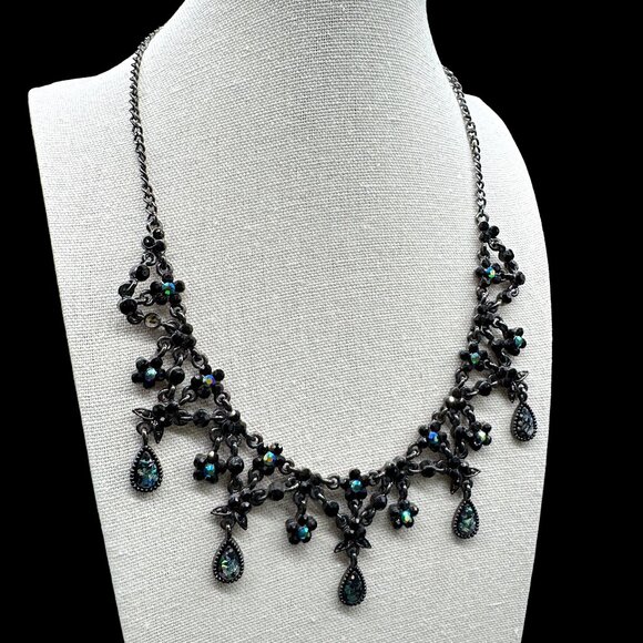 Statement Necklace Faceted Black Stones, Charcoal Metal Chain, Floral Design - Picture 1 of 6